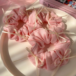 Lot de 3 chouchous tricotés roses avec nœuds blancs, accessoires doux pour queue de cheval
