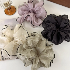 Elegant oversized chiffon scrunchies with black edges in beige, pink, black and green