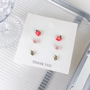 Korean Sweet Pink Peach Flower Heart Stud Earrings Set 3 Pairs Alloy Enamel Rhinestone Resin Post Earrings For Women