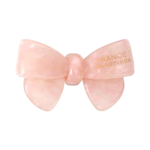 Pink acetate bow hair clip with marble texture and France Handmade gold lettering