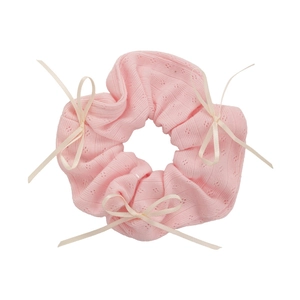 Chouchou en maille rose avec motif pointelle et nœuds en ruban crème pour femmes