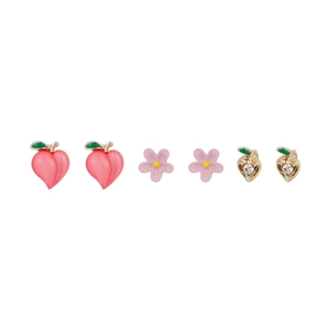 Sweet pink peach and floral cherry stud earring set in gold-tone finish for women