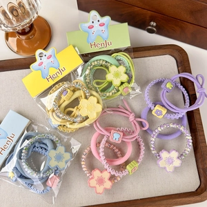 Colorful high-elastic hair ties set with resin flower and bear charms for girls
