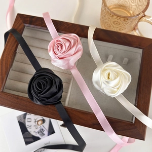 French vintage satin rose choker necklaces in black, pink and beige with silk ribbons