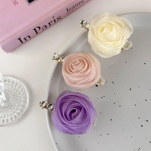 Handcrafted Mesh Rose Flower Hair Clip For Women Sweet Rhinestone Alloy Alligator Clip Elegant Hair Accessory Hairpiece Gift