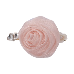 Pink handmade mesh rose hair clip with heart crystals and sparkling rhinestone detail