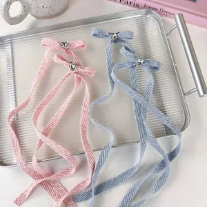 Sweet Fabric Bowknot Hair Clip With Heart Rhinestone Long Streamer Ballet Style Ribbon Hairpin For Women Girls Hairstyling