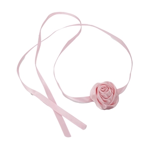 Pink satin rose flower choker necklace with long ribbons for versatile styling options
