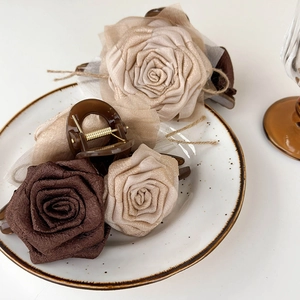 Retro dried rose hair claw clip in champagne and dark brown silk for elegant styling