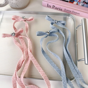 Pink and blue ribbon bow hair clips with heart-shaped rhinestones and woven texture