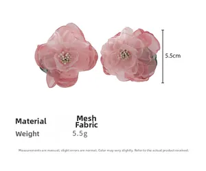 Detail showing 5.5cm handmade pink mesh flower earrings with floral stamens and green leaves