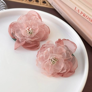 French romantic handmade 3D organza flower earrings in soft gradient pink with pearl stamen