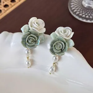 French Style Ceramic Rose Flower Stud Earrings With White Artificial Pearl Accents Gold Alloy Floral Niche Design Jewelry For Women