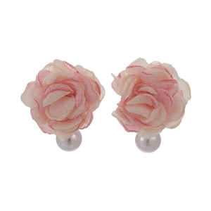 Elegant pink chiffon flower earrings with delicate white pearls and gradient fabric petals