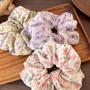 French Style Double Layer Floral Mesh Scrunchies For Women Elegant Flower Pattern Fabric Large Hair Ties Spring Accessories