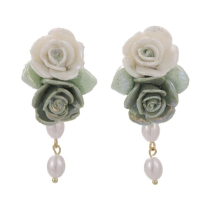Vintage green ceramic rose earrings with white pearls in a French retro floral design