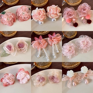 Handmade Satin Mesh Flower Stud Earrings Sweet Organza Floral Tassel Artificial Pearl Drop Earrings For Women Elegant Party Daily Jewelry