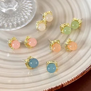 Vintage Geometric Square Stud Earrings Glass Bead Gold Plated Alloy With 925 Sterling Silver Earring Post For Women Jewelry