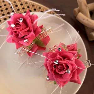 Korean Style Pink Flower Hair Claw Clips With White Feather Rhinestone Elegant Acrylic Hair Clips For Women Hair Accessories