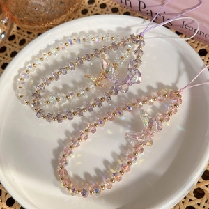 Bracelets de téléphone en perles de cristal colorées avec breloques papillon en rose et violet