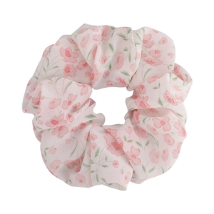 Floral chiffon scrunchie with pink rose patterns and soft tulle layering for hair styling