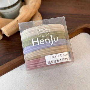 Close-up of seamless plush elastic hair ties in Morandi colors inside a transparent gift box