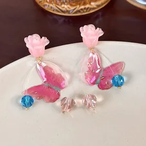 Pink Flower Butterfly Resin Drop Earrings Sweet Fairy Rose Tassel Rhinestone Crystal Earrings Korean Style Women Jewelry