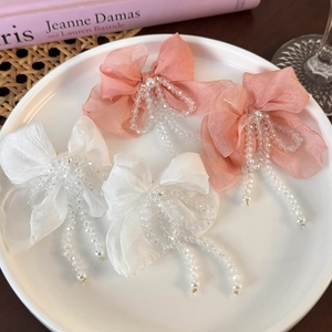 Elegant Chiffon Bow Hair Clips With Long Beaded Tassels And Imitation Artificial Pearls Fairy Style Handmade Hair Accessories For Women