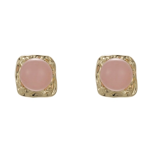 Pink translucent square stud earrings with textured gold base for a minimalist spring look