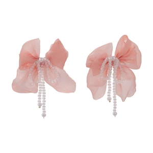 Elegant pink chiffon bow earrings with crystal tassel beads and central pearls