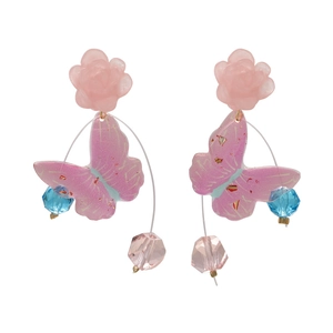 Elegant pink flower and crystal butterfly drop earrings with gold foil and beaded tassels