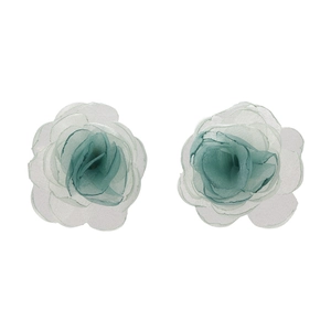 Elegant 3D mesh fabric flower earrings with Morandi blue organza petals for women