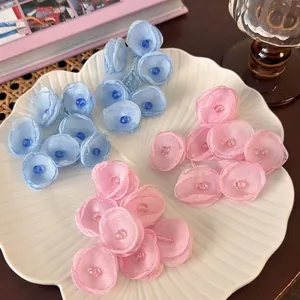 Elegant Floral Drop Earrings With Organza Fabric Flower And Beads For Women Vacation Style Handmade Sweet Jewelry