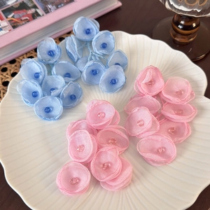 Exquisite handmade organza flower earrings with crystal beads in pink and sky blue colors