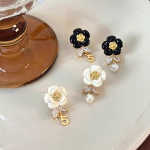 French style enamel camellia earrings with pearl drop and number 5 charm in gold finish