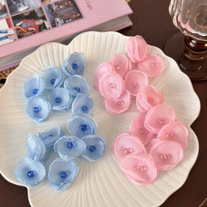 Floral chiffon stud earrings with crystal beads in sky blue and soft pink pastel tones