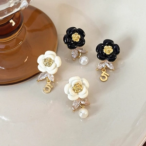 Elegant French style enamel camellia earrings with pearl and number five pendants