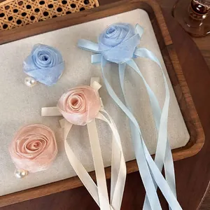 Pince à Cheveux Douce Rose en Maille avec Nœud en Ruban pour Femmes Pince Bec de Canard Élégante avec Fausse Künstliche Perle