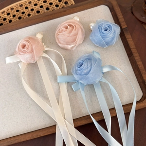 Pinces à cheveux roses en maille avec perles et longs glands en ruban rose et bleu