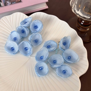 Detailed view of light blue fabric flower earrings with crystal beads on a ceramic plate