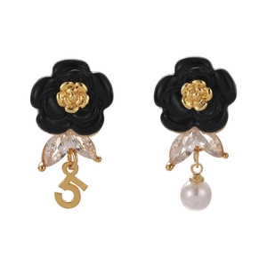 French vintage enamel camellia earrings with asymmetrical pearl and zircon pendants