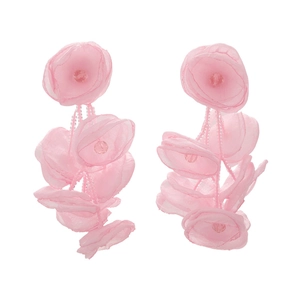 Pink fabric flower drop earrings with crystal beads for wedding and party accessory