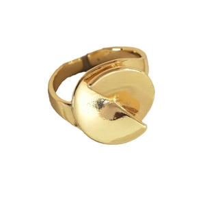 Minimalist geometric gold metal ring with overlapping semi-circular design on white background