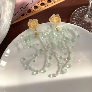 Détail de boucles d'oreilles à pampilles vert menthe avec rose jaune crème sur porcelaine