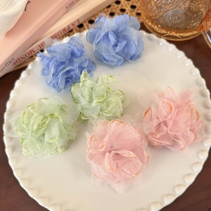 Set of 6 colorful chiffon mesh flower earrings in pastel blue, green, and pink colors