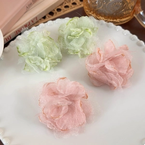 Pastel fabric floral stud earrings in light green and pink organza for summer