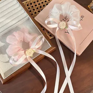 Chouchou en Organza Style Français avec Rose et Long Ruban de Satin Nœud Doux Attache Cheveux pour Femmes Filles Accessoires