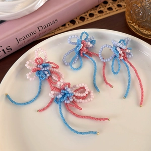 French retro handmade beaded flower earrings with colorful fringe and tassels