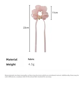 Chouchou en organza rose avec rose en tissu et longs rubans, longueur 22 cm
