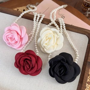 Elegant satin camellia and pearl necklace set in four colors with vintage French style charm